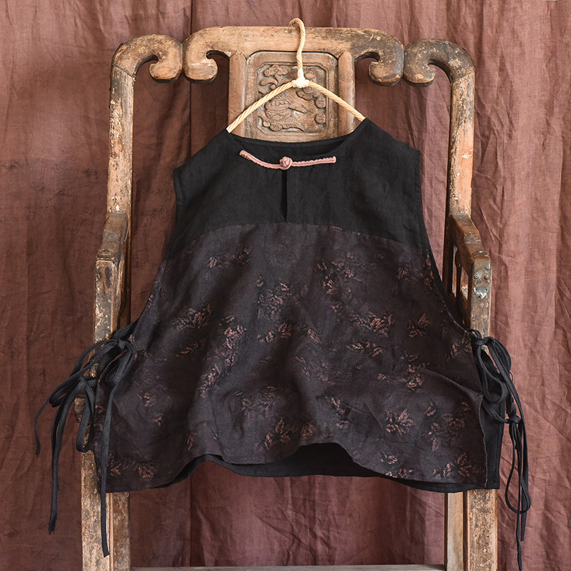 自制民族风文艺拼布中式盘扣系带马甲女仿香云纱亚麻印花圆领背心