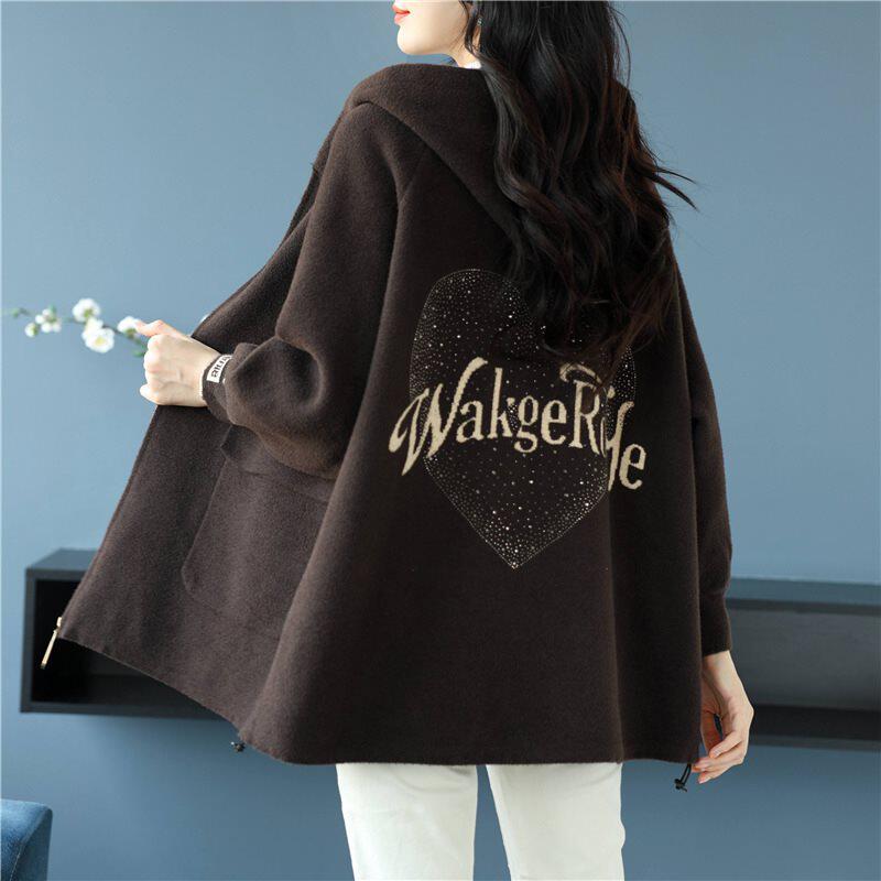 咖色连帽毛呢卫衣外套女2025春秋厚拉链开衫中长款大码夹克棒球服