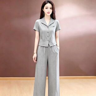 今年流行两件套女2026夏季新款时尚翻领短袖小衫阔腿裤休闲套装潮