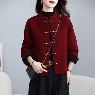 中年妈妈新中式国风双面羊毛大衣2026春季新款毛呢喜婆婆红色外套