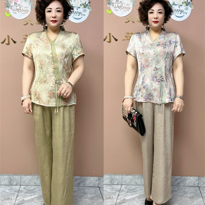阔太太高端中老年夏装新款时尚真丝套装印花大码衬衫阔腿裤两件套