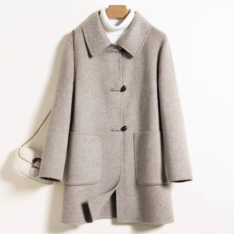 双面毛呢大衣女中长款中老年妈妈装2025新款羊毛牛角扣毛呢外套女