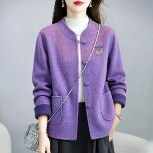 阔太太妈妈秋装新中式毛呢外套女短款立领盘扣刺绣黄色呢子大衣