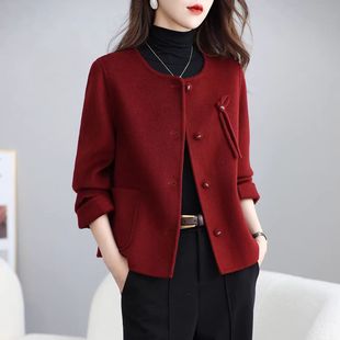 年轻妈妈装短款圆领双面毛呢羊毛大衣秋冬新款洋气高贵中老年外套