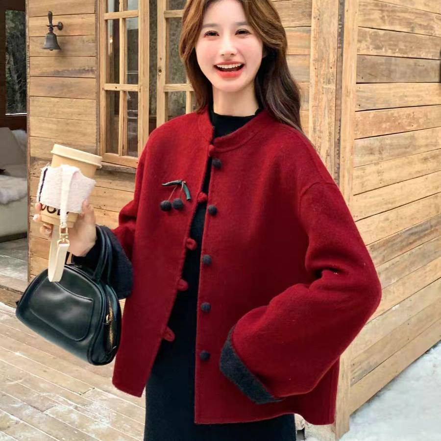 新中式红色双面羊毛大衣女小个子