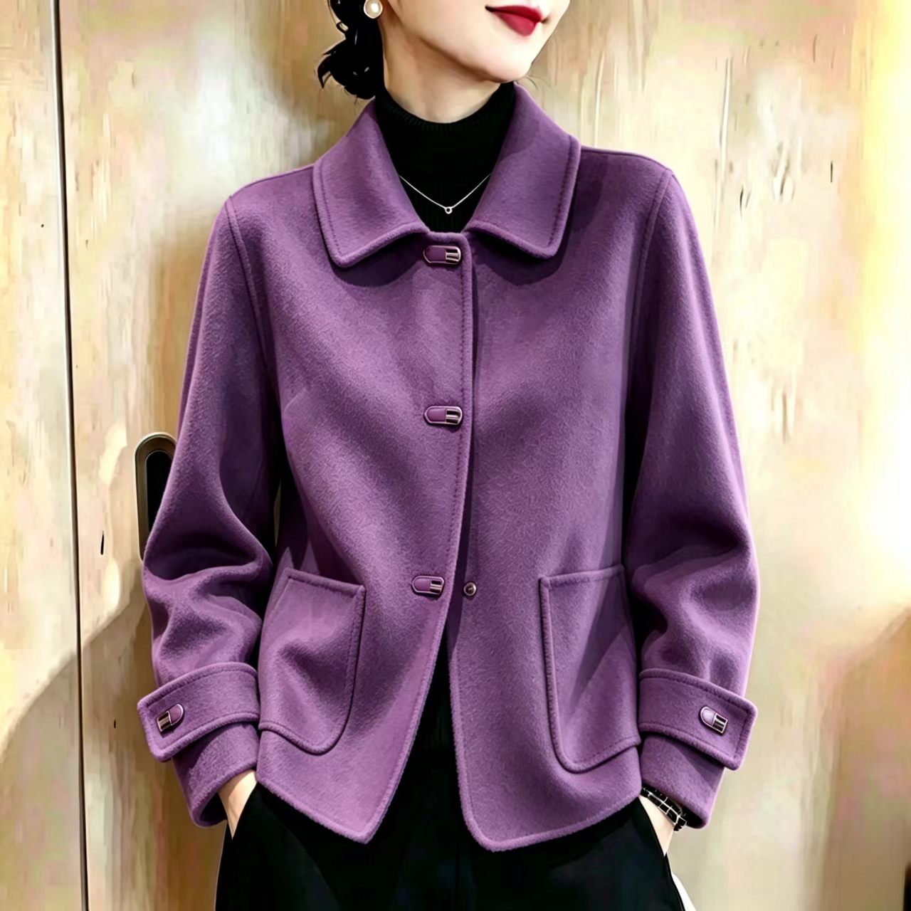 双面呢毛呢外套女秋冬新款2026中年妈妈短款小个子羊毛呢子大衣冬