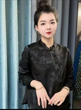 新中式立领长袖盘扣加绒保暖宽松丝滑缎面印花衬衫女时尚上衣