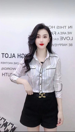 欧洲站春秋新品方领单排扣条纹舒适修身弹力显瘦棉质衬衫女装上衣