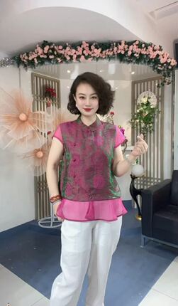 舒适透气优雅彩色短袖宽松浮光锦衬衫上衣女