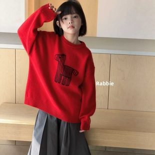 莱比品牌山羊绒2025冬新款男女童圆领年装红色马年羊绒衫亲子毛衣