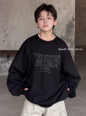 GUOXI果皙2026中大童抓绒圆领卫衣秋冬男女童宽松字母印花套头衫