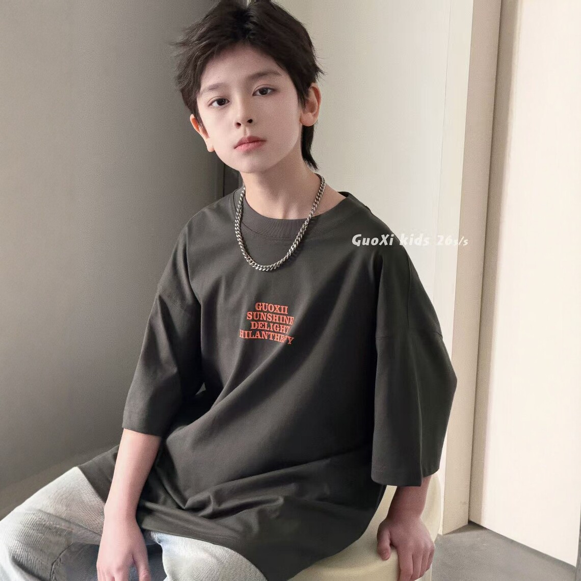 GUOXI果皙26夏款儿童字母印花短袖T恤男女童韩版宽松落肩半袖上衣