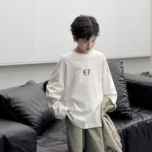 波拉童装26春款男童白色长袖T恤儿童纯棉字母印花宽松上衣打底衫