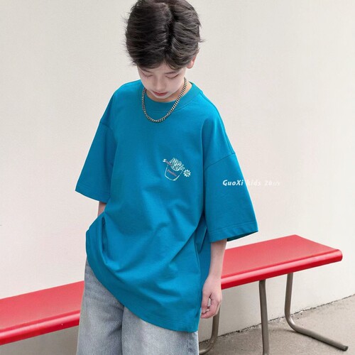 GUOXI果皙夏季男童字母印花纯棉T恤中大童宽松短袖2026夏款童装