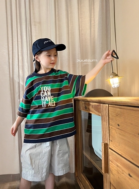 九座童装2026春夏款儿童条纹短袖T恤男女童宽松休闲百搭半袖上衣