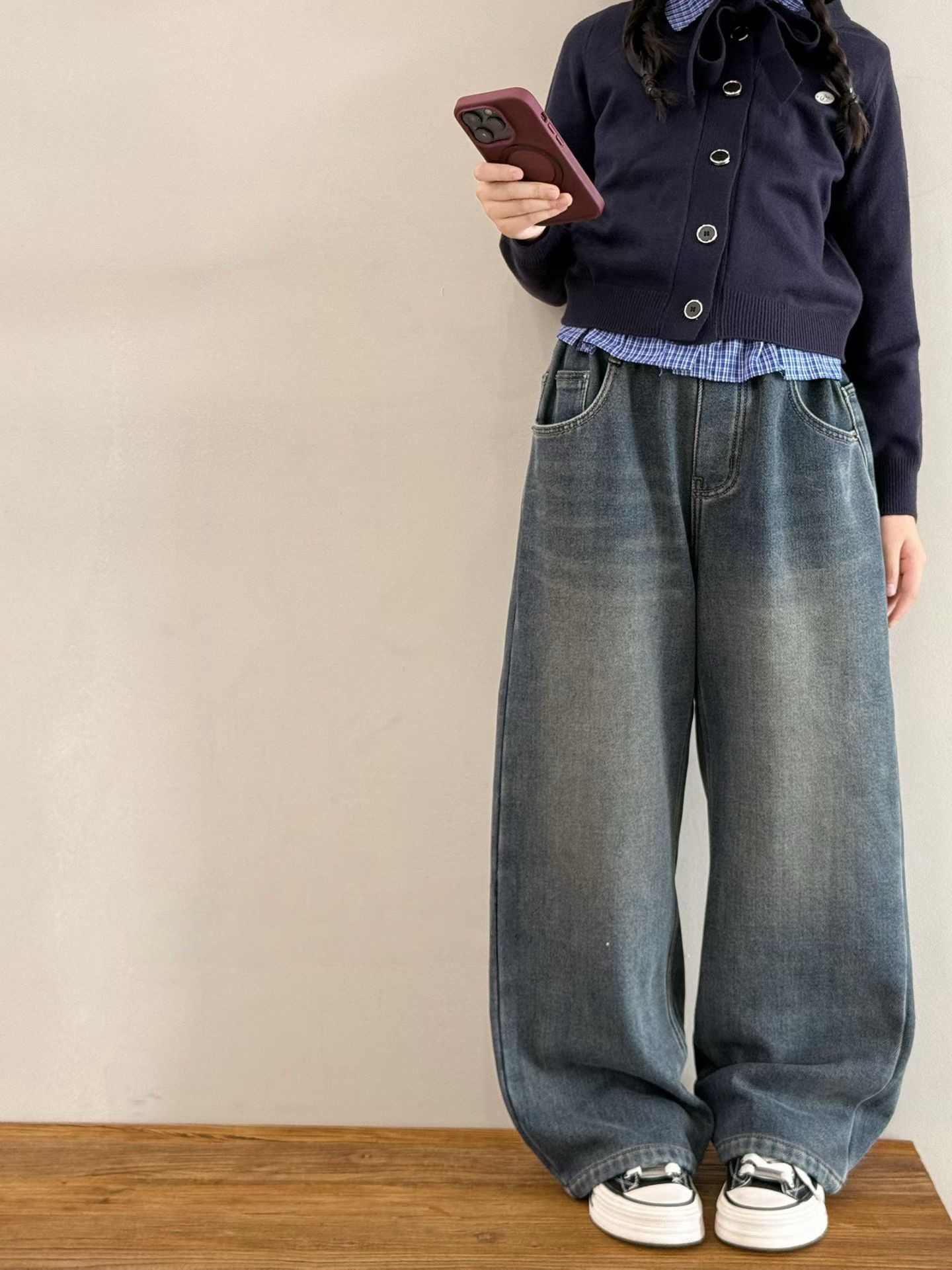 bora波拉2025新款儿童秋冬款男童加绒牛仔裤女童休闲直筒裤一体绒