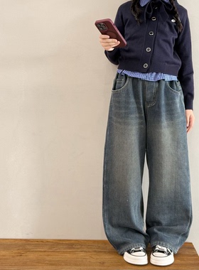 bora波拉2025新款儿童秋冬款男童加绒牛仔裤女童休闲直筒裤一体绒