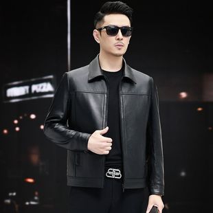 春秋季 头层小牛皮翻领2025新款 中年皮夹克外套 修身 真皮皮衣男短款