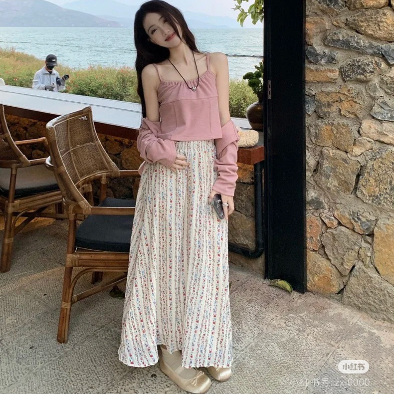 春夏季新款女甜美松紧高腰碎花雪纺显瘦百搭A字长裙中长款半身裙