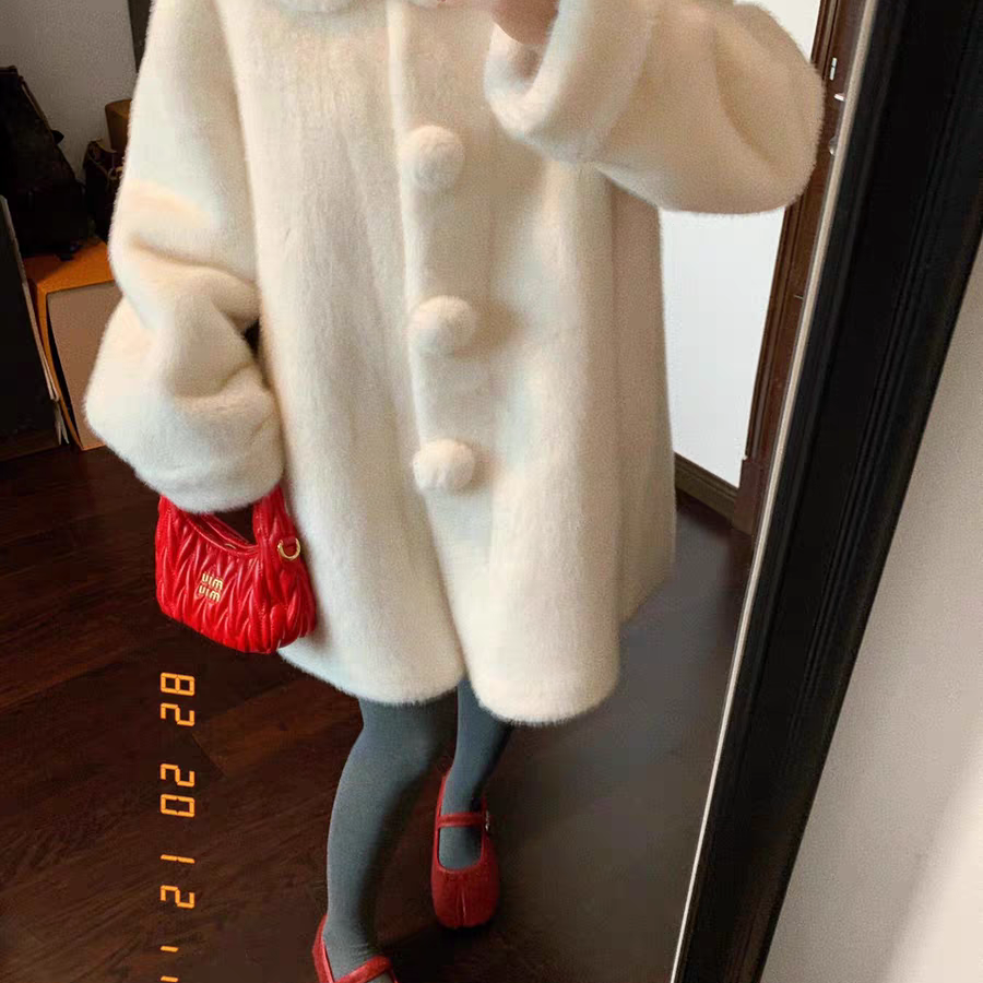 中古雪球环保水貂毛毛球皮草外套女中长款冬加厚皮毛一体毛毛大衣