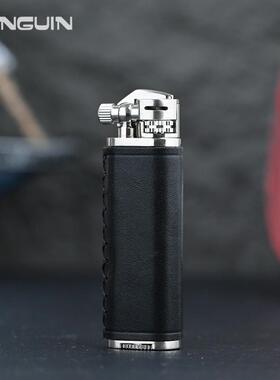日本企鹅PENGUIN煤油侧滑打火机手工缝制真皮火机送男友生日礼物