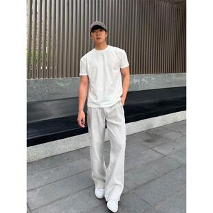 白色肌理华夫格休闲裤男夏季薄款美式裤子潮流百搭宽松直筒运动裤