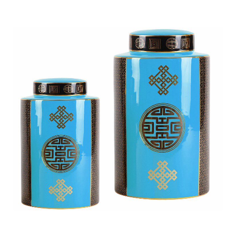 陶瓷蓝色戟结如意储物罐子中国结瓶子摆件中式客厅卧室创意装饰品