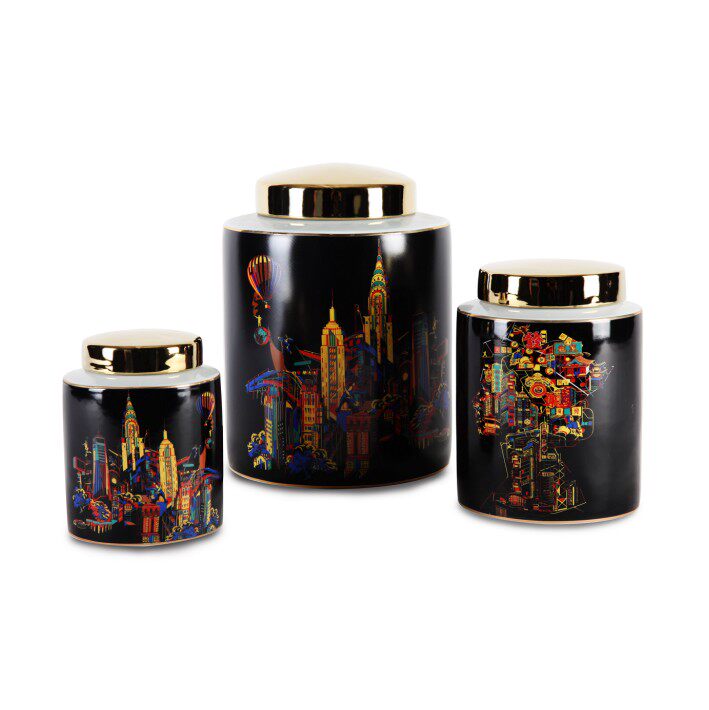 黑彩色陶瓷港都时空储物罐子城市花瓶子摆件欧式客厅样板房装饰品