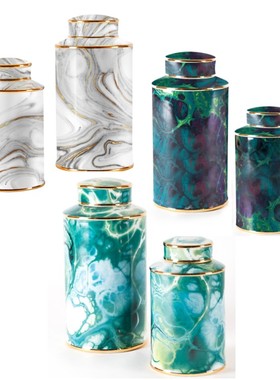 银灰绿紫色陶瓷大理石纹花瓶罐子摆件 欧式客厅样板房现代装饰品