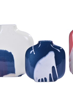 蓝白红色陶瓷手工绘制亮光扁形花瓶插花摆件欧式客厅卧室现代饰品