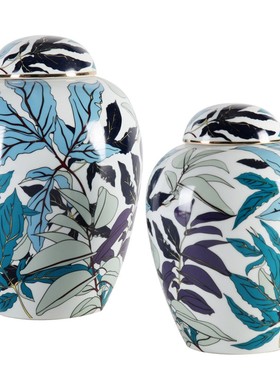 蓝紫色树叶子陶瓷枫叶提茗花瓶带盖罐子摆件欧式客厅电视柜装饰品