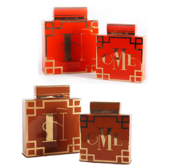 深红咖啡色陶瓷家饰风储物罐子回纹字母瓶子摆件 欧式现代装饰品