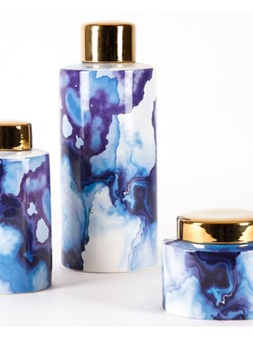 蓝紫色陶瓷浮笔文墨带盖花瓶罐子摆件 欧式客厅现代简约创意饰品