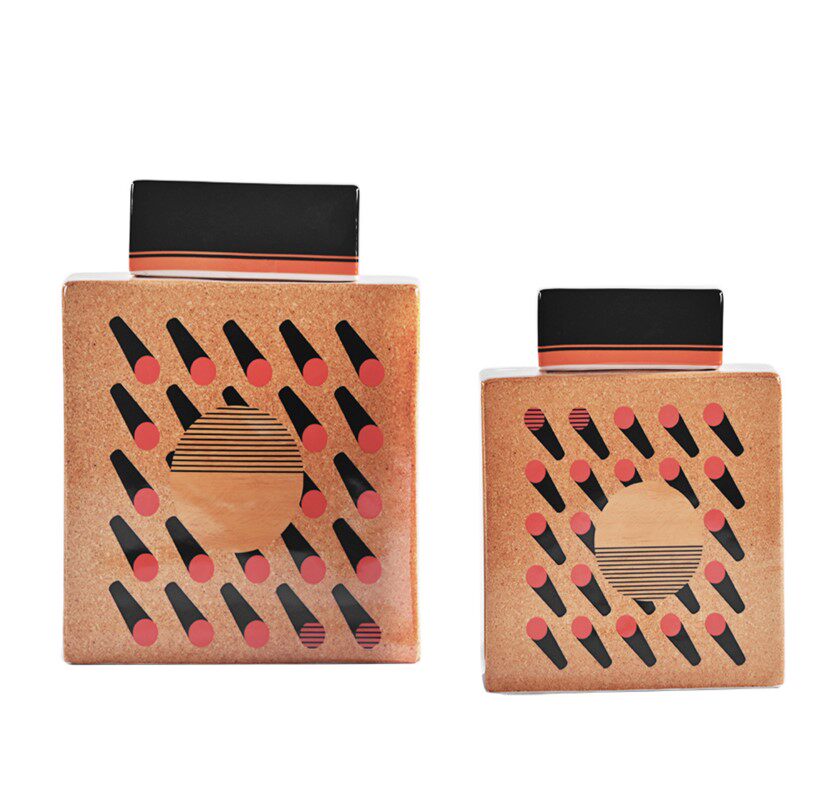 橙红色陶瓷书拉密储物罐子四边形瓶子摆件欧式客厅书房创意装饰品