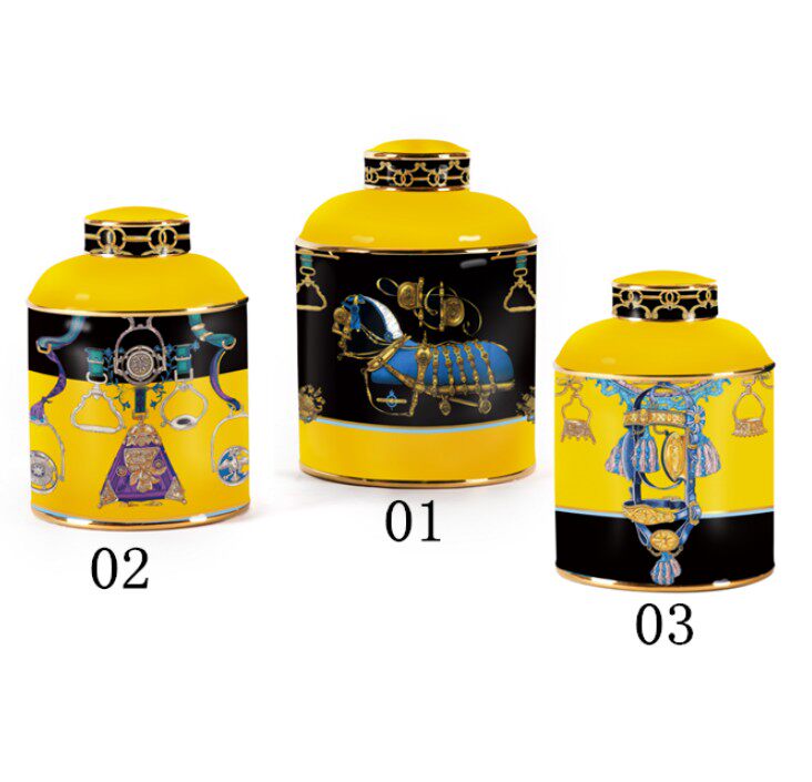 黄蓝色陶瓷伯骑士爱马储物罐瓶子摆件 欧式客厅创意现代饰品