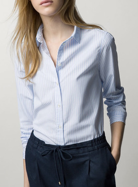 2020春季新款女装职业时尚OL天兰色白色粉色条纹百搭长袖衬衫舒适