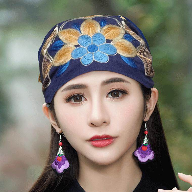民族风绣花头巾帽单层小帽薄款包头帽挡风遮白发帽子女复古休闲帽