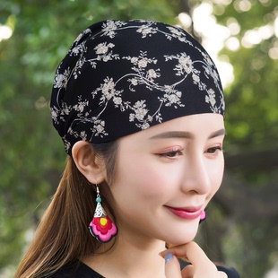 休闲薄款 夏季 印花包头帽防尘头巾帽遮白发透气帽子女士松紧带帽子