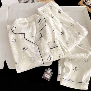 显瘦暗黑系爆款 云朵棉三件套睡衣女夏短袖 薄款 长裤 卡通家居服 短裤