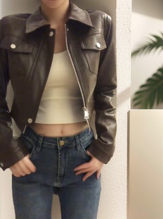 棕色高腰短款皮衣外套女春秋新款宽松显瘦小个子气质炸街皮夹克潮