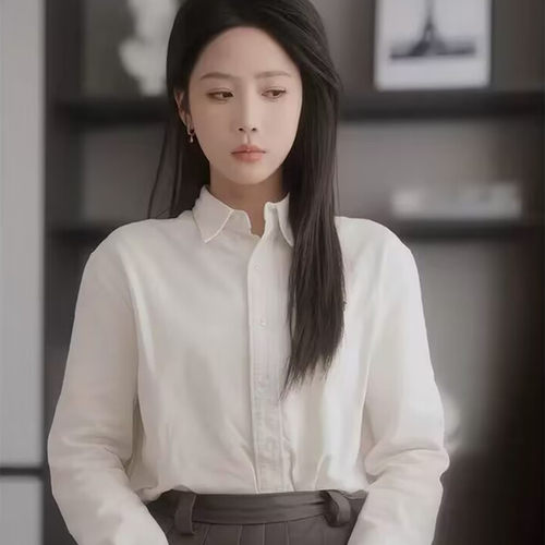 白色尖领长袖开衫衬衫百搭休闲