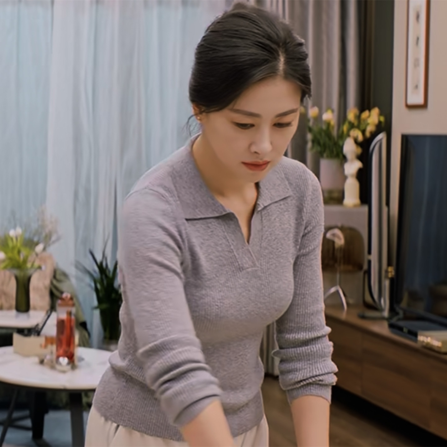 朱珠同款花灰色polo领套头针织衫