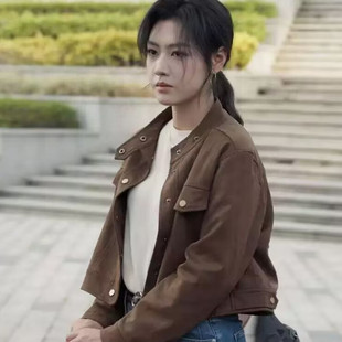 大叔罗曼史2马晓伟闻筱同款咖色立领长袖单排扣鹿皮绒夹克短外套