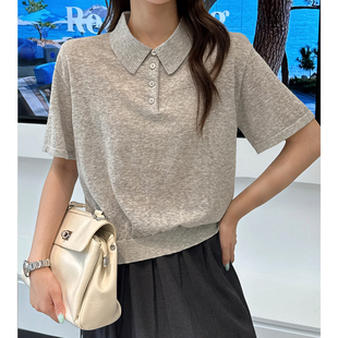 夏季新款常规简约款POLO领短袖针织衫女宽松百搭气质休闲翻领上衣