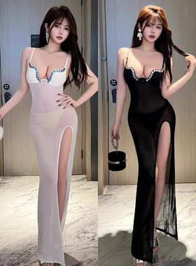 夜总会连衣裙性感网纱透视镶钻开叉吊带长裙夜场桑拿技师工作服
