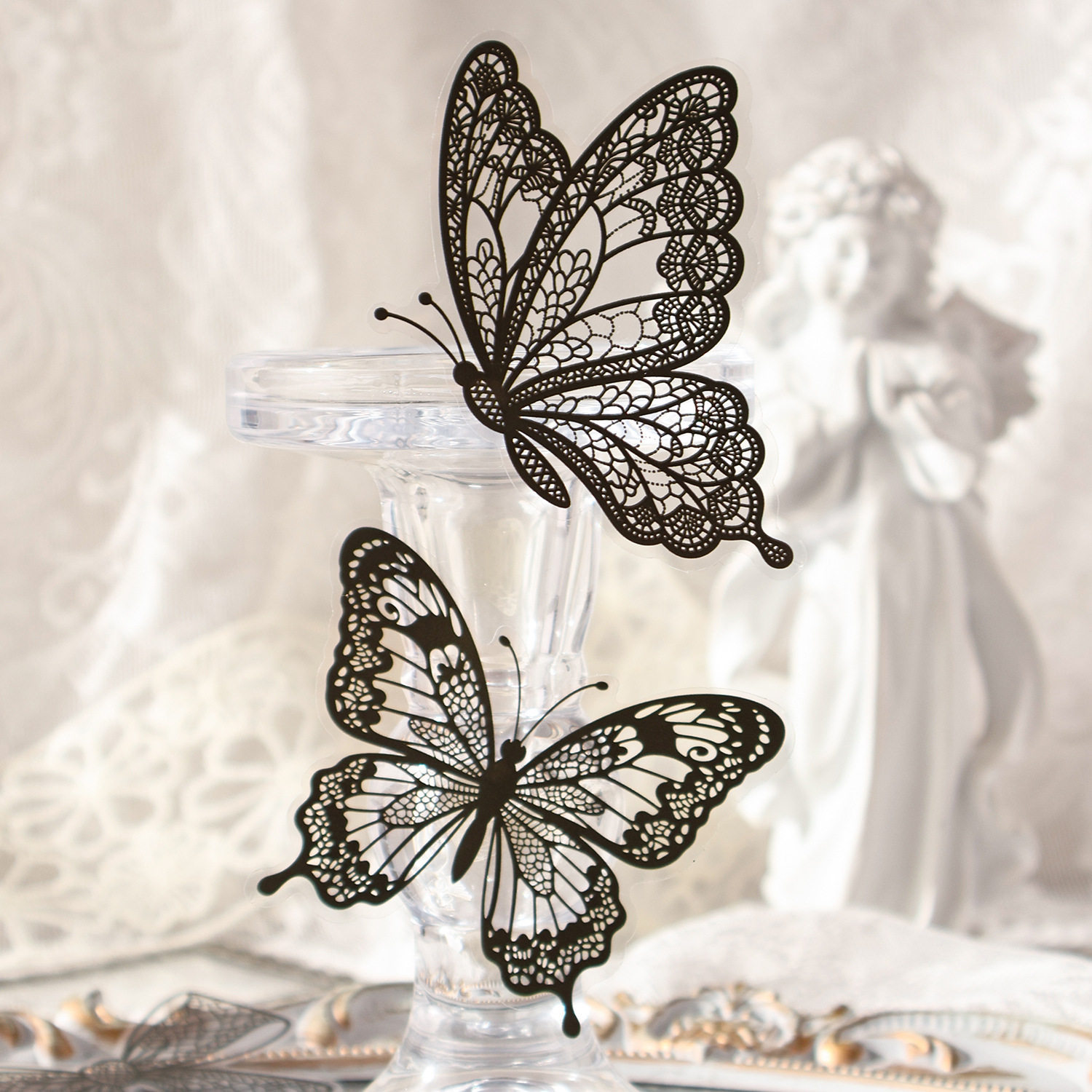 蕾丝绮梦PET贴纸黑白蕾丝精致心形蝴蝶花窗边角边框DIY装饰素材