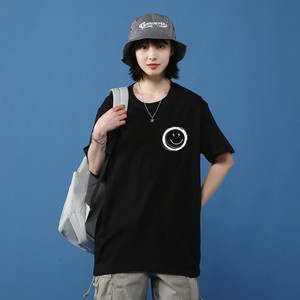 短袖t恤男2021新款港风宽松圆领笑脸印花上衣服潮ins休闲百搭图片