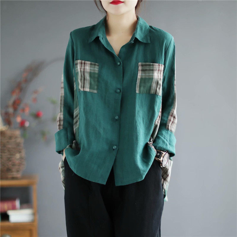 初尘原创21春季文艺大码格子衬衫女宽松百搭复古棉麻翻领衬衣