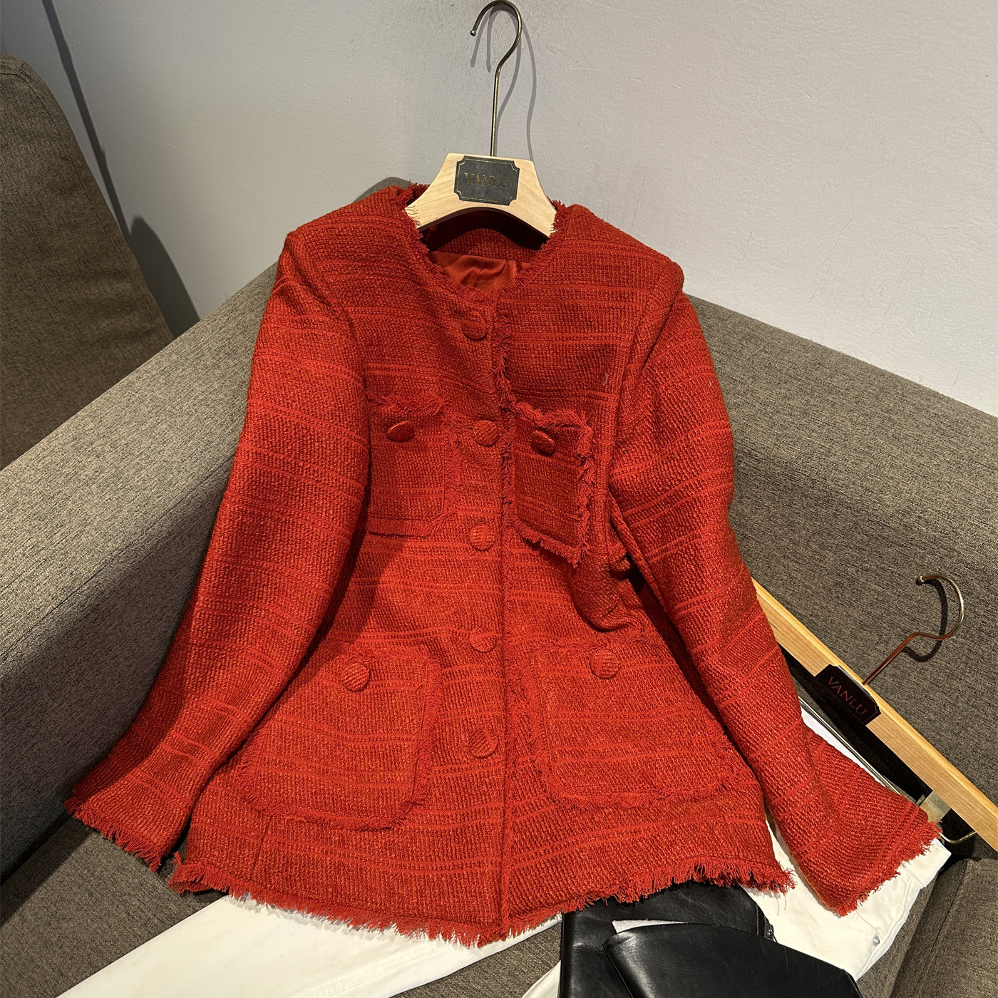 VANLU小香风流苏粗花呢羊毛外套