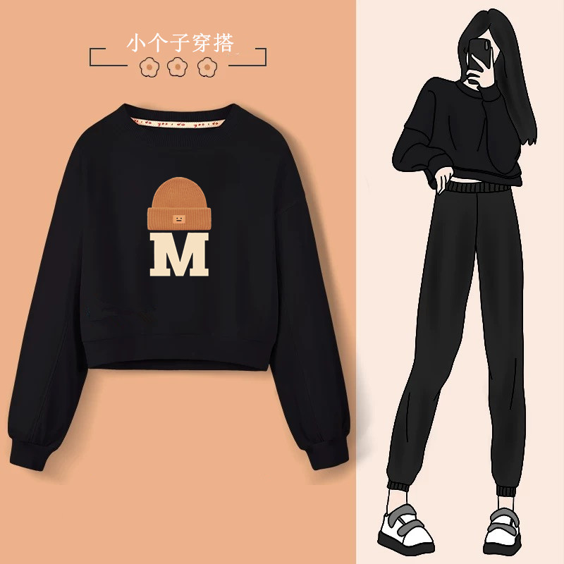 春秋卫衣女长袖短款圆领宽松棉质洋气上衣小个子显瘦百搭韩版t恤